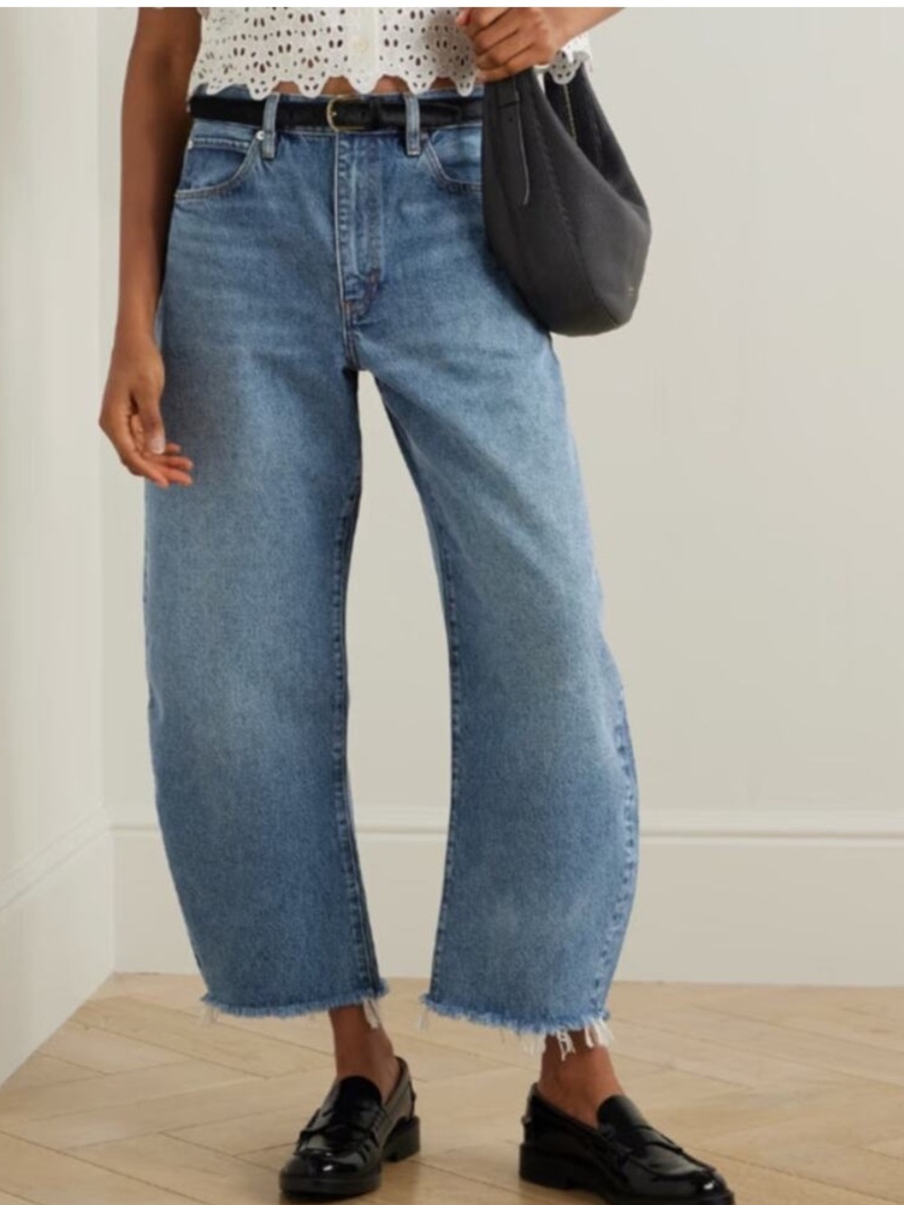 Frame Jeans Bubble Crop Barrel Leg in Knock Out Raw Fray Hem